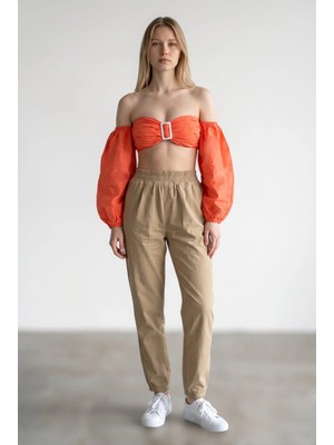 Rivarapremıum Kadın Straplez Toka Detaylı Balon Kollu Crop Bluz