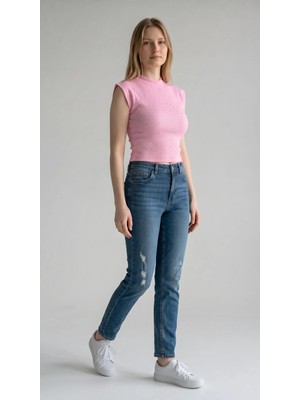 Rivarapremıum Taş Detaylı Dik Yaka Kolsuz Örme Crop Top Bluz Kadın
