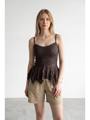 Rivarapremıum Kadın Dantel Astarlı Mendil Kesim Askılı Peplum Bluz