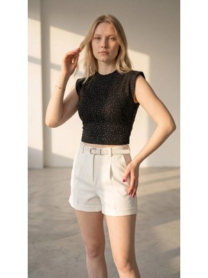 Rivarapremıum Taş Detaylı Dik Yaka Kolsuz Örme Crop Top Bluz Kadın