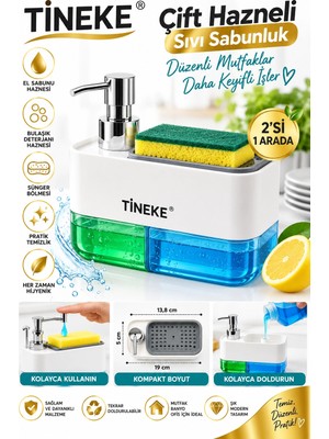 Tineke Çift Hazneli Sıvı Sabunluk ve Otomatik Deterjanlık – Süngerli El ve Bulaşık Sabunu Seti, Mutfak & Banyo
