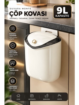 Adefco 9 L Duvara Monte ve Askılı Çöp Kovası Kapaklı Mutfak Banyo Çöp Kutusu Krem Beyaz