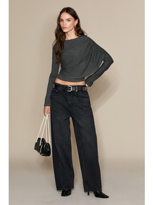 Grimelange Lexy Kadın Standart Bel Baggy Balon Jean Siyah Pantolon