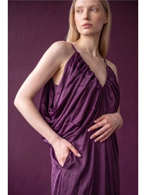 Rivarapremıum Kadın Mor Saten Drape Detaylı Askılı Uzun Abiye Elbise