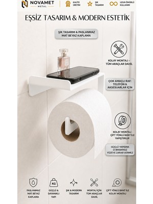 Yapışkanlı Raflı Tuvalet Kağıtlığı Beyaz Metal Vidasız Telefon Koyma Yeri Olan Wc Askısı