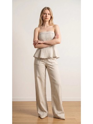 Rivarapremıum Kadın Kontrast Dikişli Straplez Keten Takım Peplum Bluz ve Geniş Paça Pantolon Ikili Takım