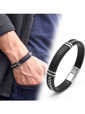 Moncuk Design Siyah Deri Çelik Zincirli Kilitli Erkek Bileklik 33514B19D3
