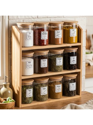 Snippy Spice - 3 Katlı Bambu Standlı 12'li Baharatlık Seti Bambu Vakum Kapaklı Etiketli Cam Baharat Takımı Bambu Organizer