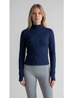 Rivarapremıum Kadın Lacivert Dik Yaka Fermuarlı Slim Fit Aktif Spor Ceketi - Parmak Geçirmeli (Mom Parmak Koşu ve Fitness Üstü