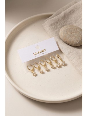 Pileli Store Yıldız Zirkon Taşlı Gold Renk Pirinç Set Küpe TJ-BKP11992