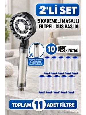 deyhome 5 Kademeli Filtreli Masajlı Duş Başlığı + 10 Adet Yedek Filtre Basınç Artırıcı Su Tasarruflu Banyo Başlığı