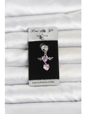 Pileli Store 316L Cerrahi Çelik Pembe Zirkon Taşlı Kanat Model Göbek Piercing TJ-PR1405