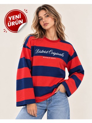 Zere Sezonun Favorisi ve En Çok Tercih Edilen Modeli – %100 Pamuk Oversize Çizgili Kadın Sweatshirt