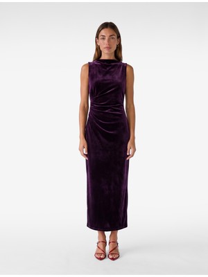 Koton Slim Fit Bodycon Drapeli Hafif Dik Yaka Yırtmaçlı Kolsuz Midi Boy Kadife Elbise