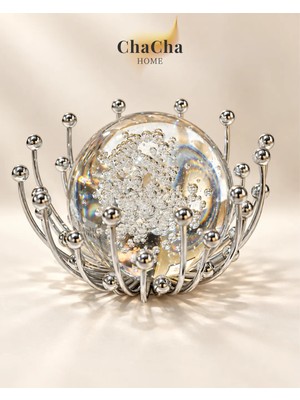 ChaCha Home Gümüş Metal Detaylı Cam Küre Dekoratif Obje 17x11 cm Masaüstü Salon Konsol Biblo