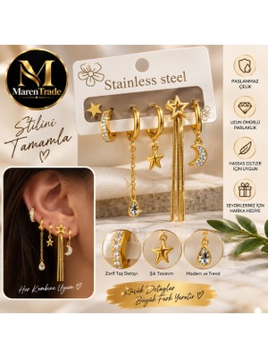 Maren Trade ✨ Marentrade Çoklu Halka Küpe Seti | Yıldız & Ay Detaylı Paslanmaz Çelik ✨
