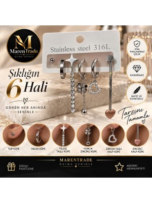 Maren Trade 6’lı Kombin Küpe Seti – 316L Paslanmaz Çelik | Şıklığın 6 Hali