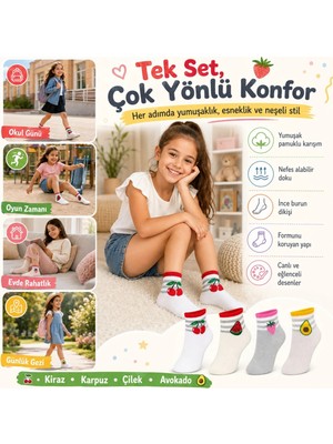 Çoraplar Burada Kız Çocuk Pamuklu 8'li Meyve Desenli Çorap Kiraz Karpuz Çilek Avokado Günlük Bilek Çorabı