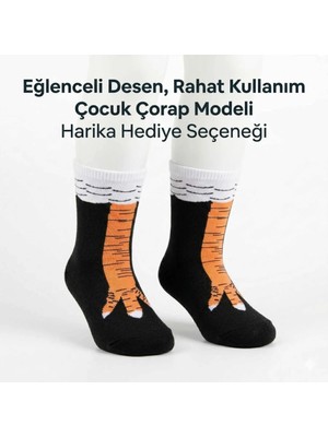 Çoraplar Burada Tavuk Ayağı Desenli Çocuk Çorap Siyah Turuncu Eğlenceli Hayvan Figürlü Yumuşak Dokulu Günlük Çorap