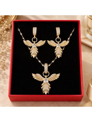 Lia Charm Vıp Seri Zirkon Taşlı Kanat Figürlü Kolye ve Küpe Takı Seti