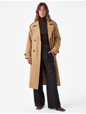 Koton Uzun Kollu Kemerli Çift Cepli Oversize Gabardin Kruvaze Trençkot
