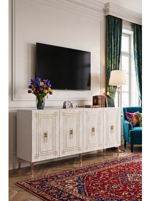 Yumedi Design KA1839BTG - Zülbia Konsol, Tv Sehpası, Çok Amaçlı Dolap ve Kahve Köşesi 180CM Beyaz-Traverten-Gold
