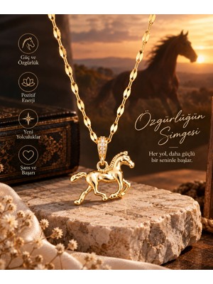 Lia Charm Vıp Seri Çelik At Figürlü Zirkon Taşlı Kadın Kolye - Gold Renk Paslanmaz Çelik Takı