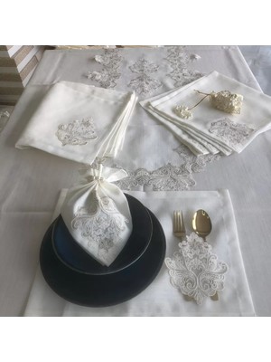 Ceki Home Sofra Takımı Mimoza Gardenya Keten Yemek Takımı 160x220 Masa Seti 26 Parça Runner Set Kreme Gold