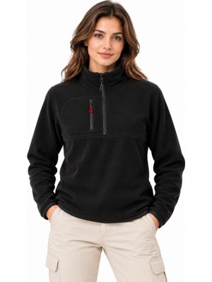 Velmora Fashion Kadın Polar Dik Yaka Yarım Fermuarlı Fermuarlı Göğüs Cepli Regular Fit Kışlık Sweatshirt - Siyah