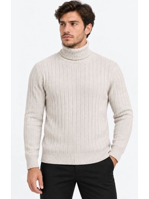 Velmora Fashion Erkek Balıkçı Yaka Tam Boğazlı Kalın Fitilli Regular Fit Triko Kazak - Bej