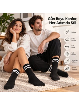 Çoraplar Burada Unisex Siyah Çorap Beyaz Çizgili 6'lı Set Uzun Soket Günlük Spor Kolej Stil Rahat Şık Tasarım Modeli