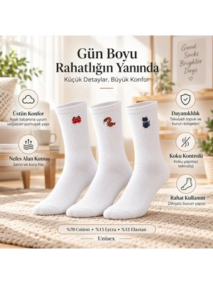 Çoraplar Burada Unisex Çorap Beyaz Hayvan Nakışlı 3'lü Set Yengeç Yılan Kedi Desenli Uzun Soket Günlük Spor Çorabı