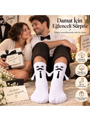 Çoraplar Burada Mıknatıslı Damat Çorabı Erkek Beyaz Bıyık Kravat El Ele Tutuşan Düğün Çeyiz Bohça Eğlenceli Çorap