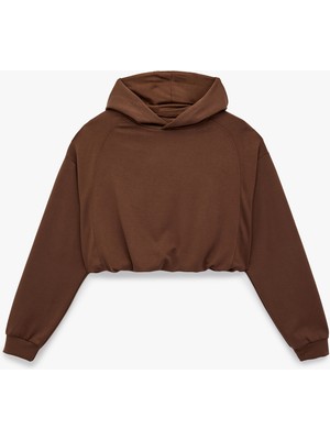 Koton Rahat Kalıp Uzun Kollu Kapüşonlu Beli Lastikli Spor Crop Sweatshirt