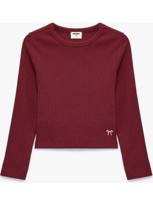 Koton Nakışlı Slim Fit Pamuklu Kaşkorse Bisiklet Yaka Uzun Kollu Tişört