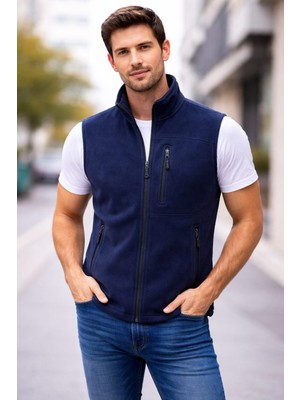 Bizim Terzi Lacivert Polar Yelek 3 Cepli Tam Fermuarlı Slim Fit Anti Pilling Tüylenme Yapmaz. Hava Geçirmez