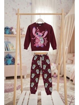 Jeliboomkidswear Sevimli Pembe Angel/ Stitch Baskılı Bordo Çocuk Takımi