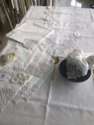 Ceki Home Sofra Takımı 155x220 cm Masa Seti Keten Dantelli Dekoratif Gülse Model Yemek Masası Örtüsü Krem