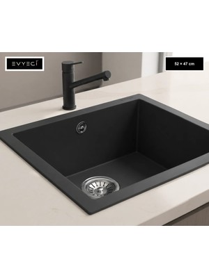 Güney Ankastre Realstone K005 Gordıon 52 52 × 47 cm Antrasit Granit Evye + Güçlendirilmiş Tek Giderli Sifon ve Montaj Seti