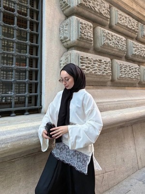 RFK Butik Kadın Dantel Detaylı Bel Bağlamalı Penye Sweat - Ekru