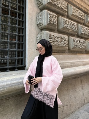 RFK Butik Kadın Dantel Detaylı Bel Bağlamalı Penye Sweat - Pembe