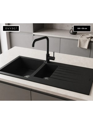 Güney Ankastre Realstone P005 Troya 100 100 × 50 cm Siyah Granit Evye + Güçlendirilmiş Çift Giderli Sifon ve Montaj Seti