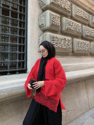 RFK Butik Kadın Dantel Detaylı Bel Bağlamalı Penye Sweat - Kırmızı