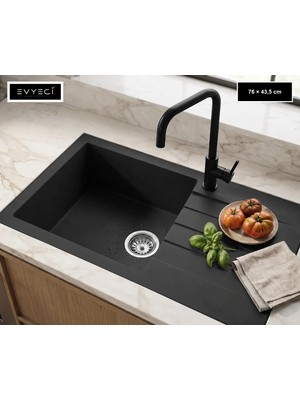 Güney Ankastre Realstone P010 Assos 76 Xl 76 × 43,5 cm Siyah Granit Evye + Güçlendirilmiş Tek Giderli Sifon ve Montaj Seti