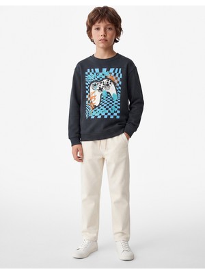 Koton Uzun Kollu Bisiklet Yaka Baskılı Şardonlu Pamuklu Sweatshirt