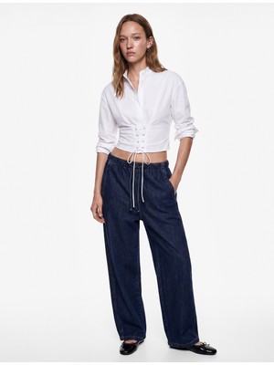 Koton Beli Bağcıklı Cepli Rahat Kalıp Pamuklu Balon Fit Barrel Denim Pantolon