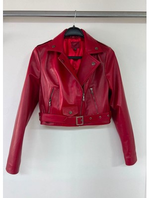 Derimontaya Kadın Hakiki Kuzu Derisi Kırmızı Biker Ceket – Kemerli Fermuarlı Crop Model