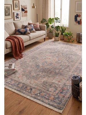 Veja Home Flora Mavi / Krem  Klasik Etnik Desenli Vintage Eskitme Salon Halısı Ev Oturma Odası Halısı