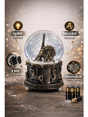Mixoyuncak Paris Eyfel Kulesi Kar Küresi Işıklı Otomatik Kar Püskürtmeli Pilli Dekoratif Müzikli Kar Küresi