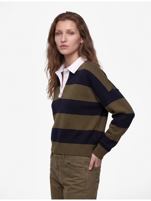 Koton Regular Fit Uzun Kollu Polo Yaka Çizgili Triko Kazak